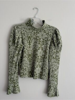 Anthropologie Olive & Cream Damask Puff-Sleeve Top